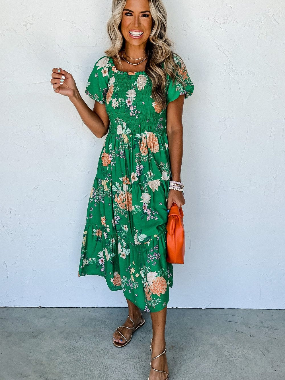 Green Floral Print Smocked Tiered Midi Dress with Bubble Sleeves