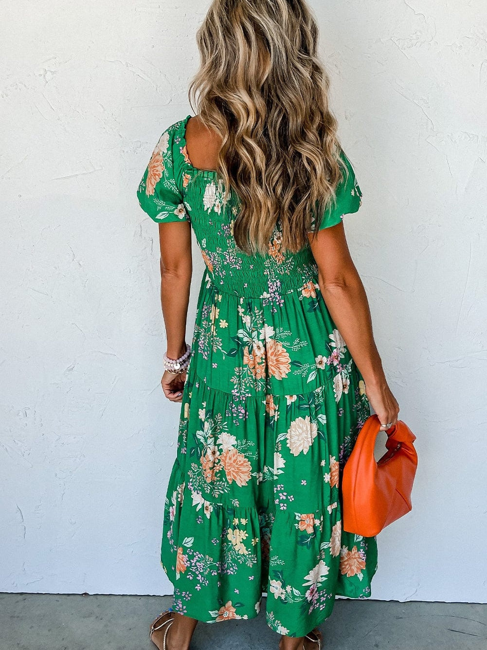 Green Floral Print Smocked Tiered Midi Dress with Bubble Sleeves
