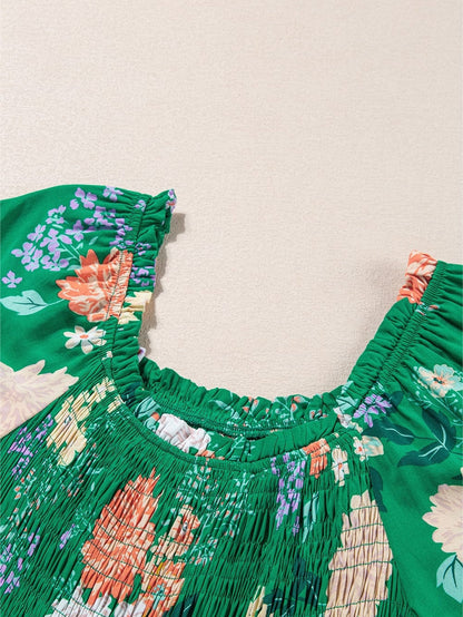 Green Floral Print Smocked Tiered Midi Dress with Bubble Sleeves
