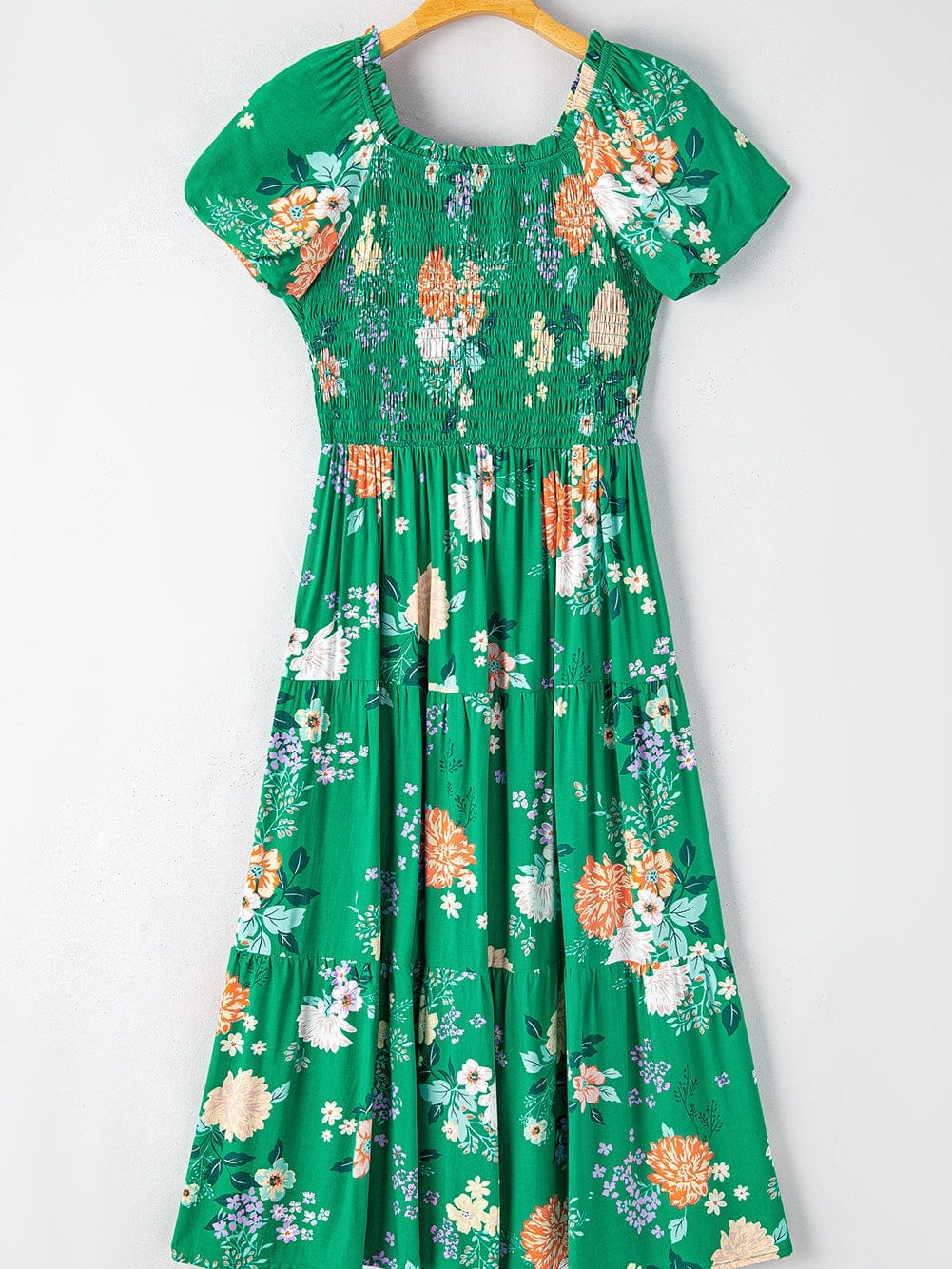 Green Floral Print Smocked Tiered Midi Dress with Bubble Sleeves