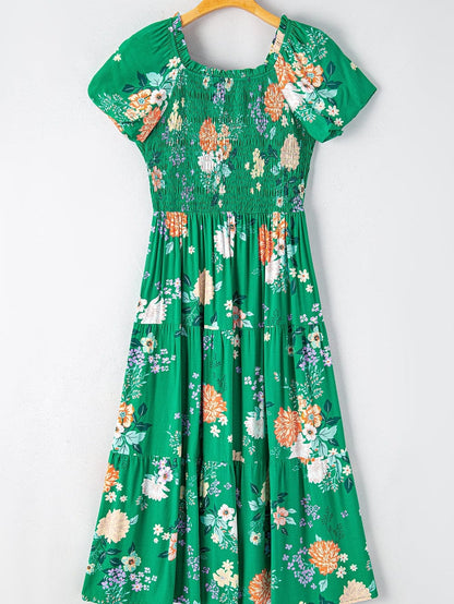 Green Floral Print Smocked Tiered Midi Dress with Bubble Sleeves