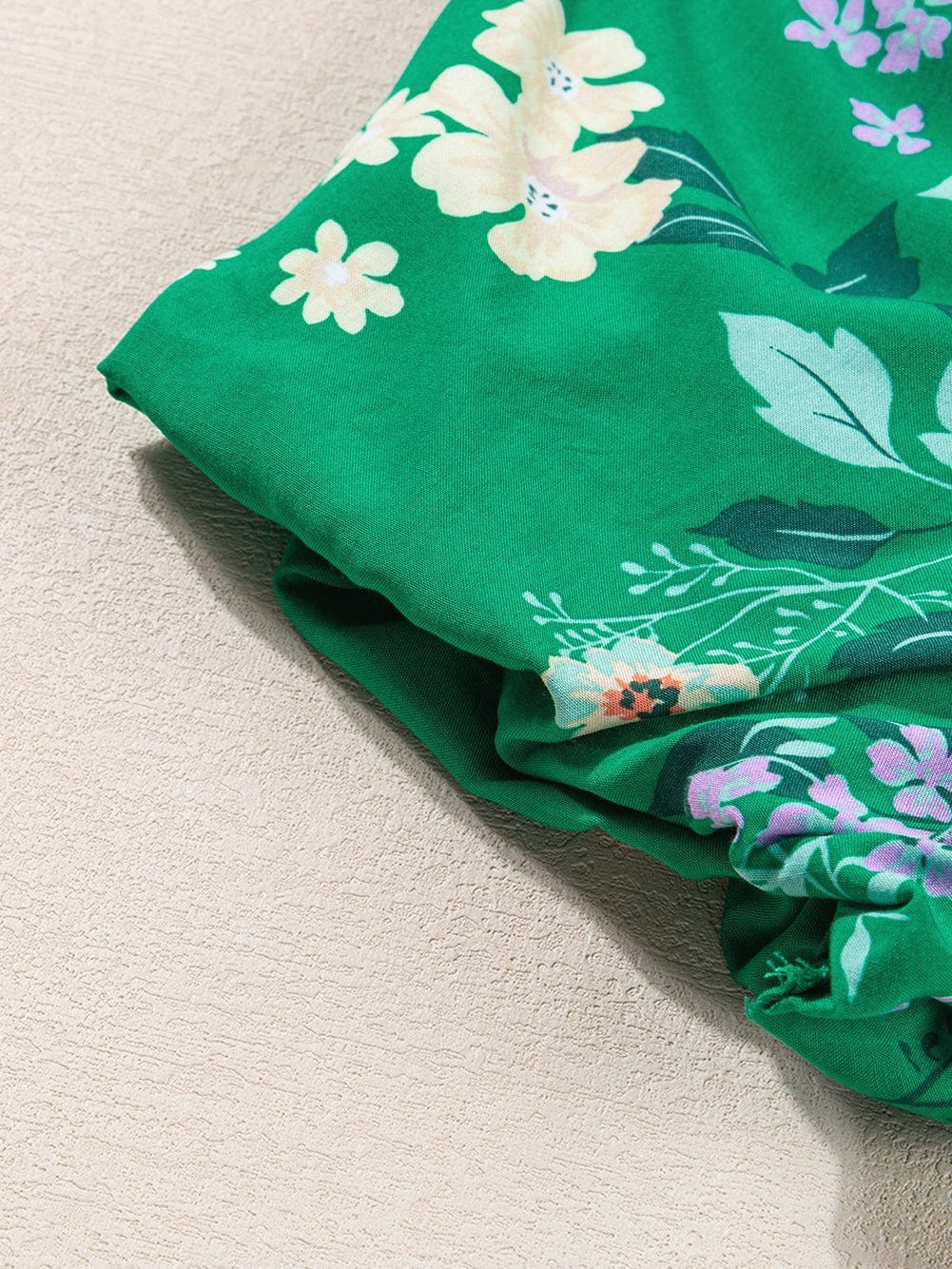 Green Floral Print Smocked Tiered Midi Dress with Bubble Sleeves