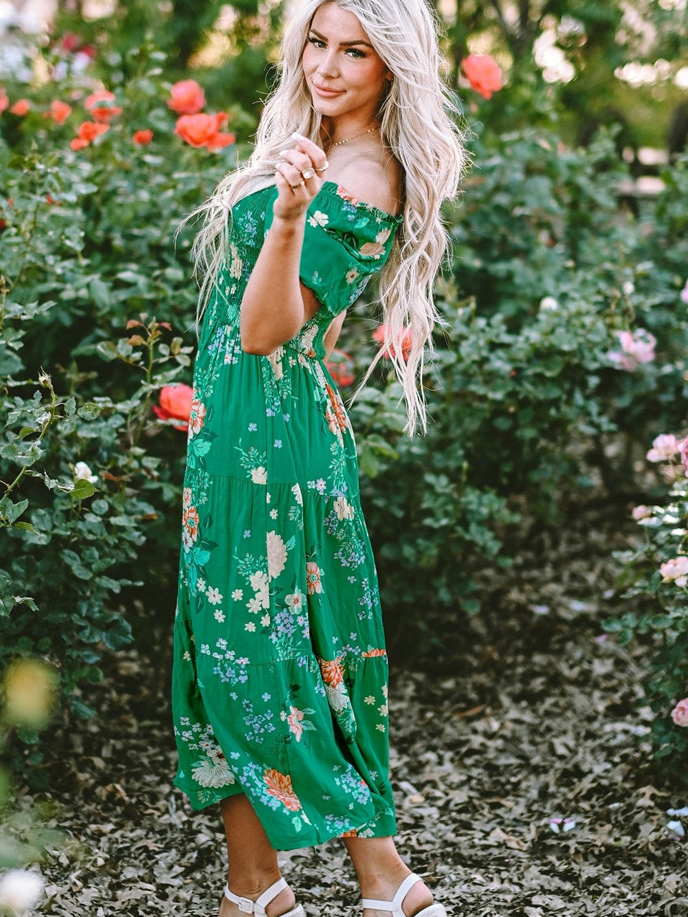 Green Floral Print Smocked Tiered Midi Dress with Bubble Sleeves