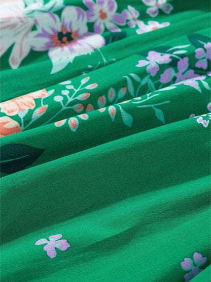 Green Floral Print Smocked Tiered Midi Dress with Bubble Sleeves