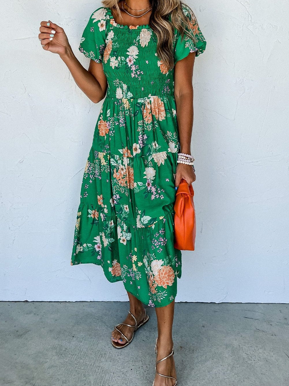 Green Floral Print Smocked Tiered Midi Dress with Bubble Sleeves