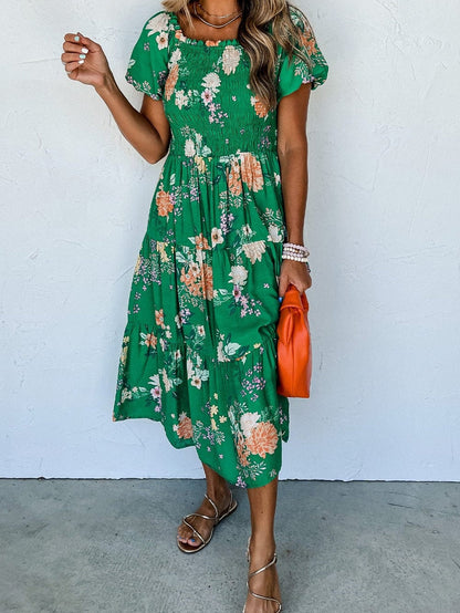 Green Floral Print Smocked Tiered Midi Dress with Bubble Sleeves