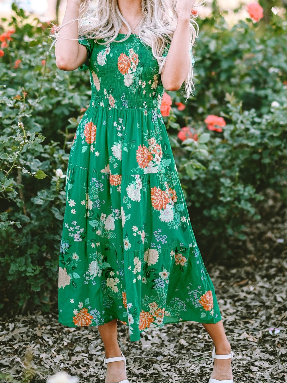 Green Floral Print Smocked Tiered Midi Dress with Bubble Sleeves