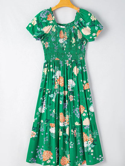 Green Floral Print Smocked Tiered Midi Dress with Bubble Sleeves