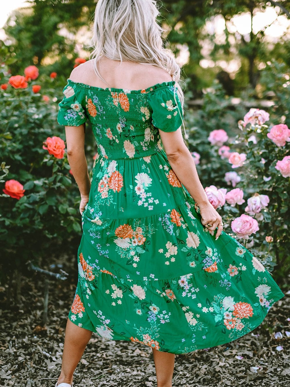 Green Floral Print Smocked Tiered Midi Dress with Bubble Sleeves