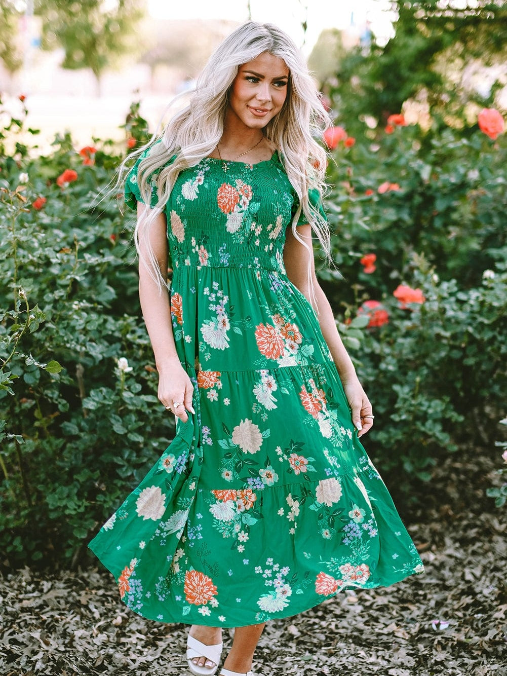 Green Floral Print Smocked Tiered Midi Dress with Bubble Sleeves
