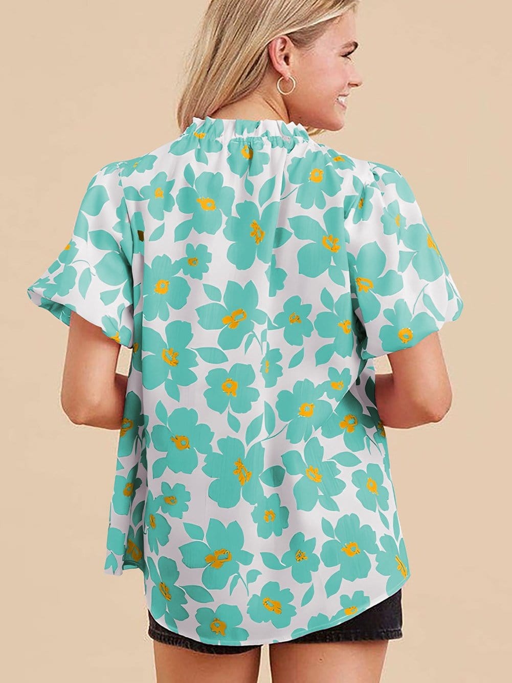 Green Floral Puff Sleeve Blouse with Frilled Neckline