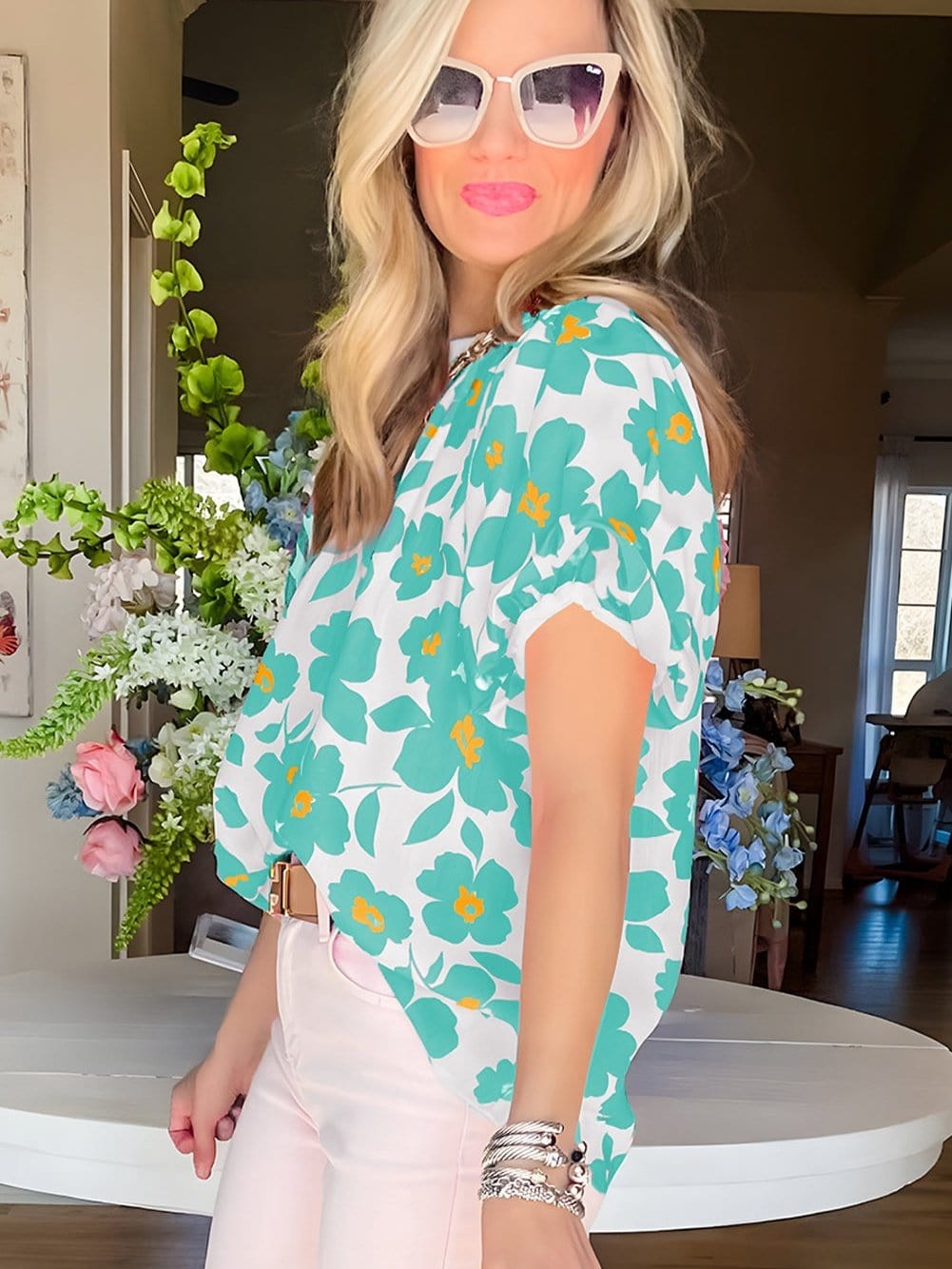 Green Floral Puff Sleeve Blouse with Frilled Neckline