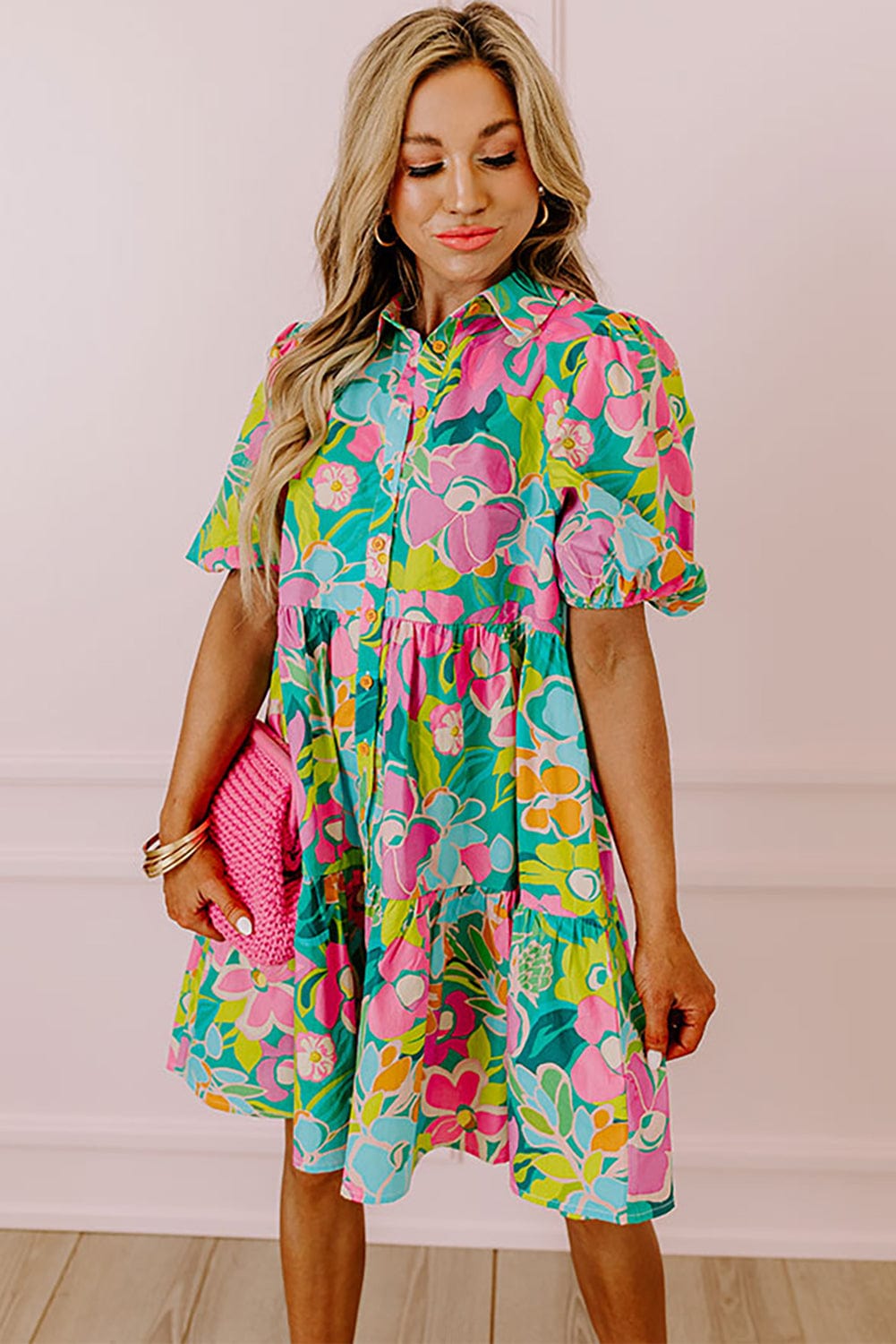 Green Floral Puff Sleeve Buttoned Babydoll Dress with Southern Belle Style