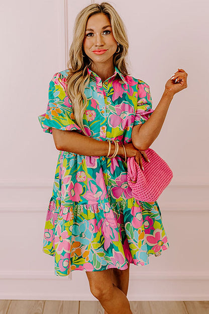Green Floral Puff Sleeve Buttoned Babydoll Dress with Southern Belle Style