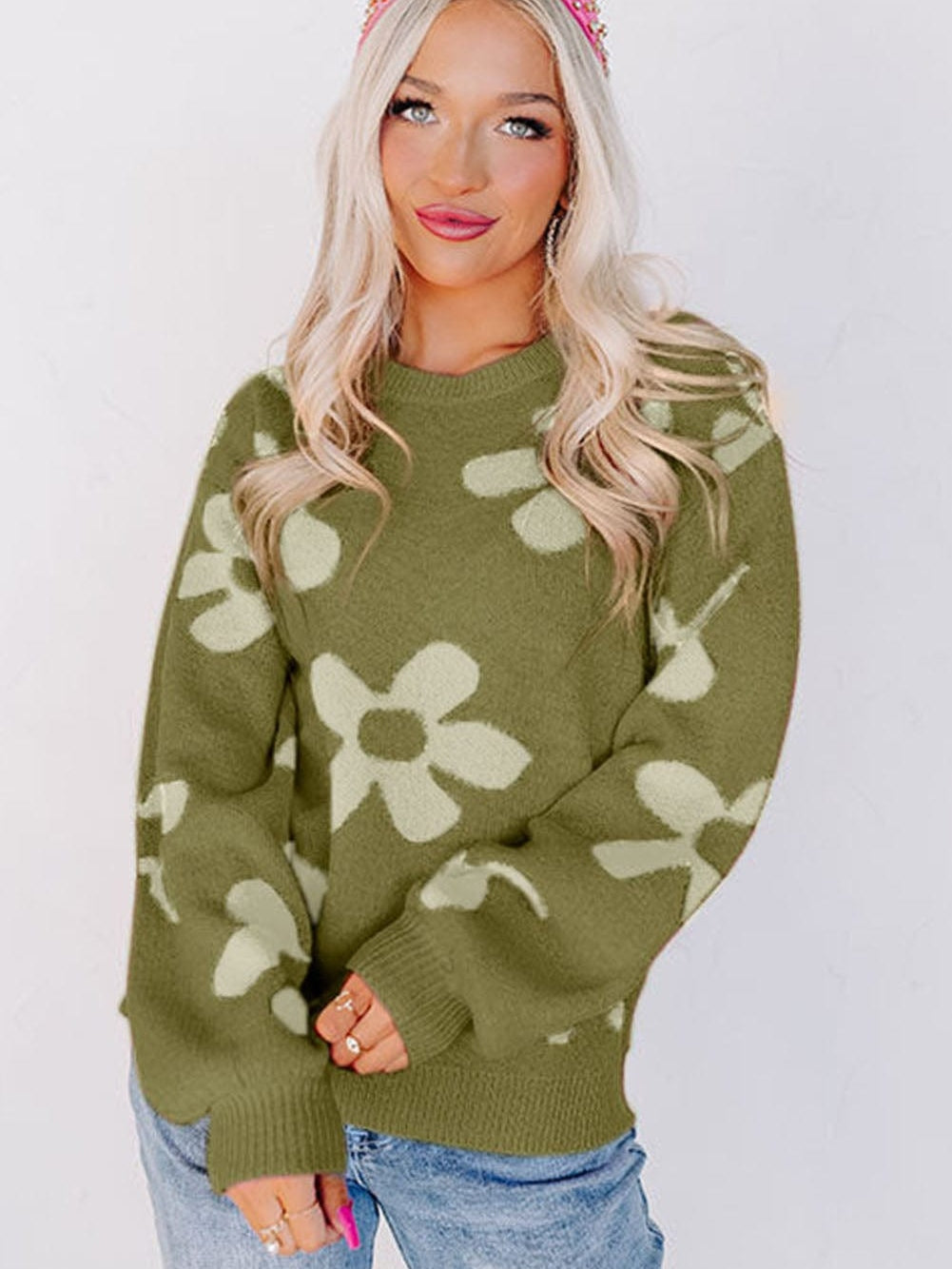 Green Floral Ribbed Trim Knit Sweater with Big Flower Accents