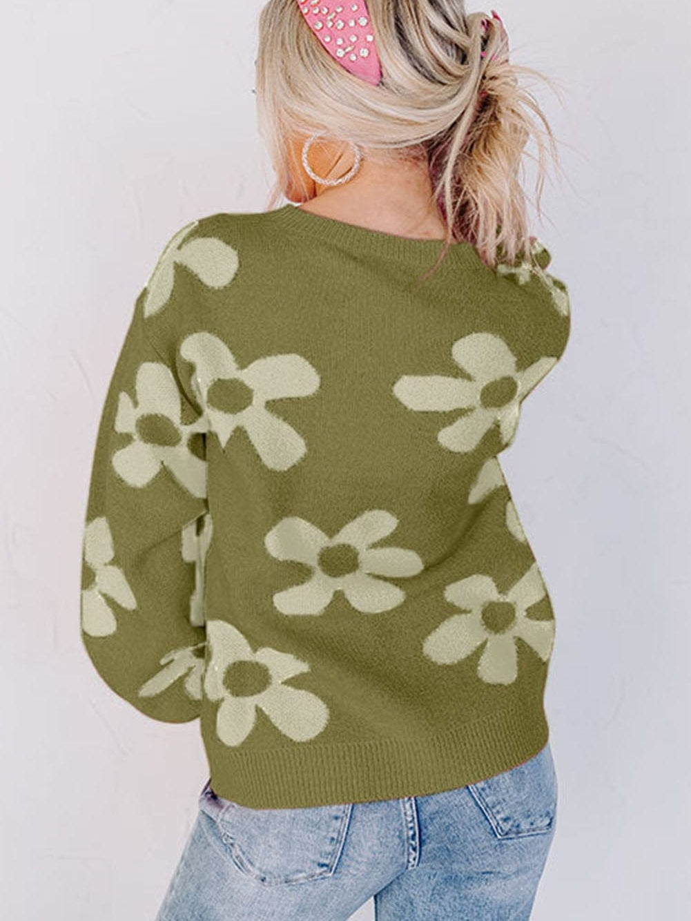 Green Floral Ribbed Trim Knit Sweater with Big Flower Accents