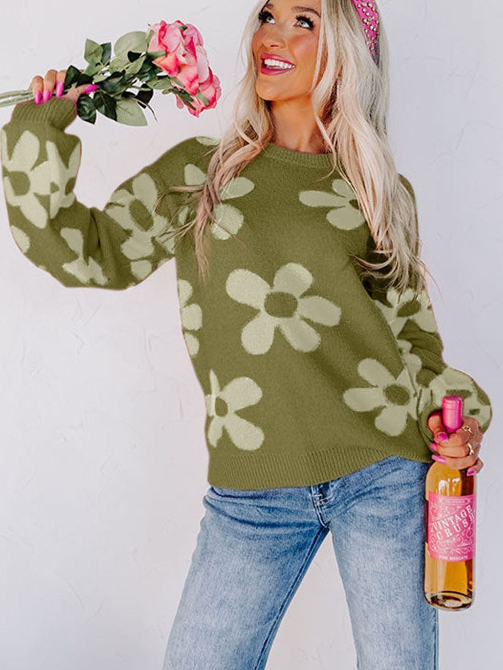 Green Floral Ribbed Trim Knit Sweater with Big Flower Accents