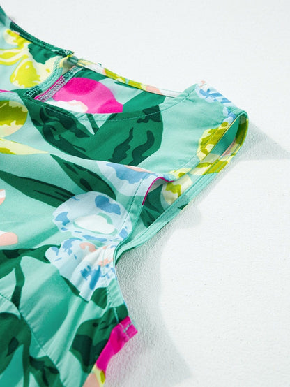 Green Floral Ruched Mini Dress with Sleeveless Design