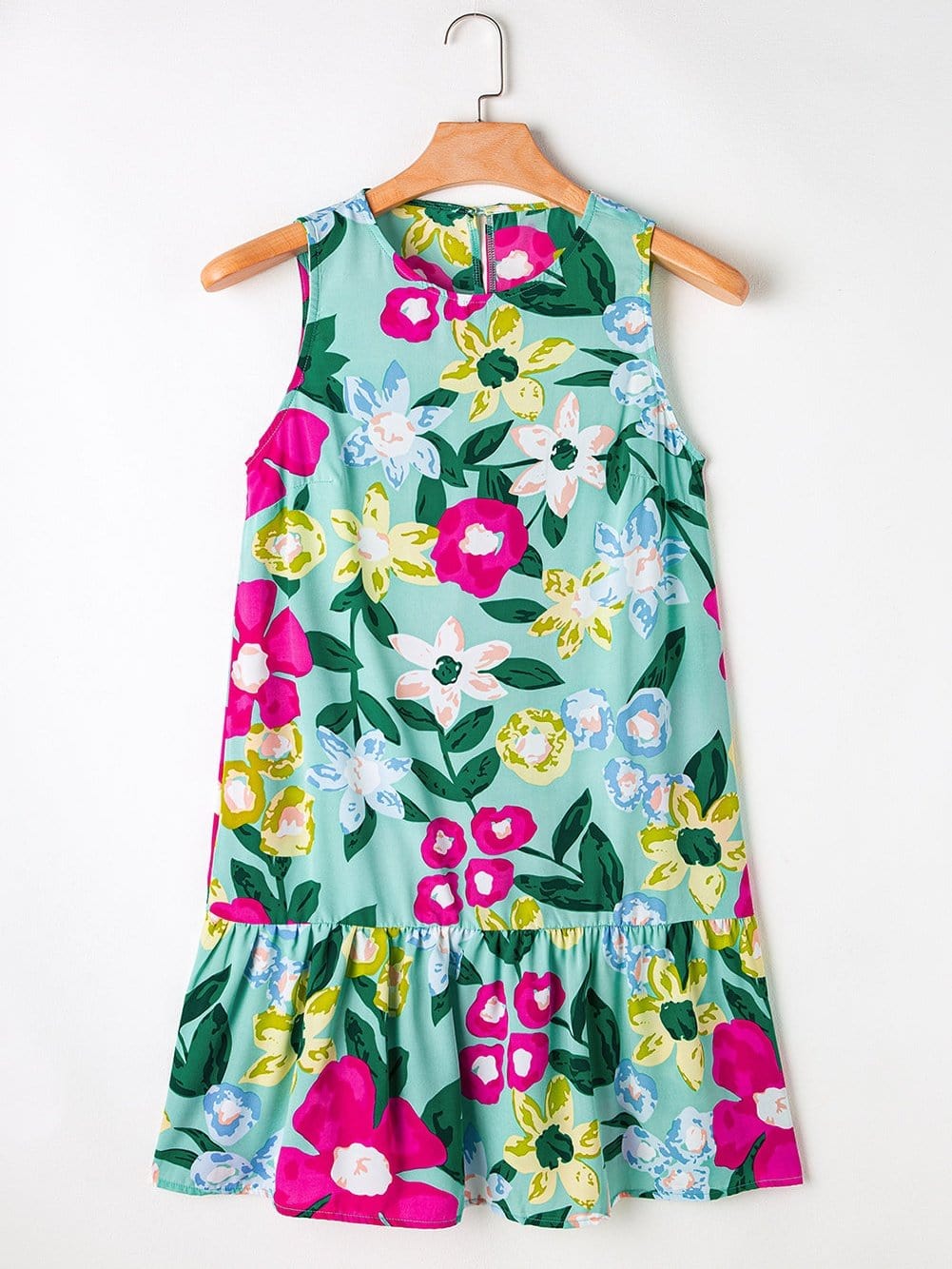 Green Floral Ruched Mini Dress with Sleeveless Design
