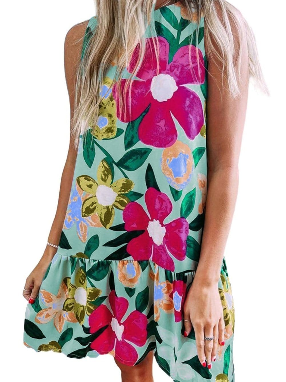 Green Floral Ruched Mini Dress with Sleeveless Design