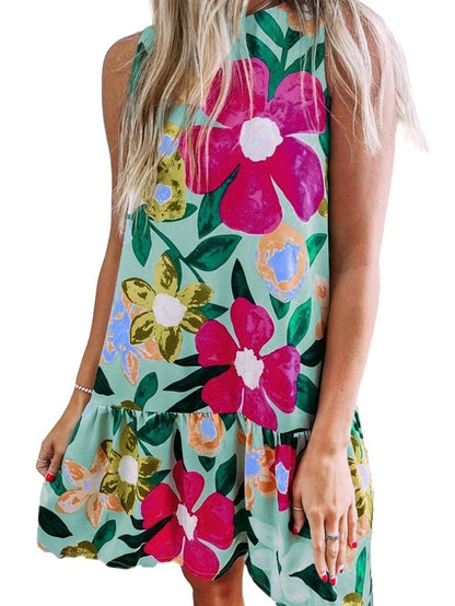 Green Floral Ruched Mini Dress with Sleeveless Design
