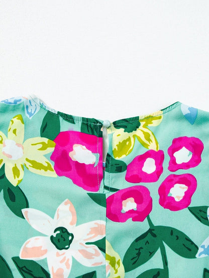 Green Floral Ruched Mini Dress with Sleeveless Design