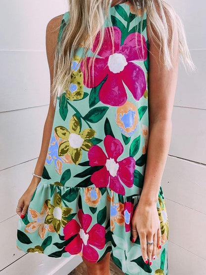 Green Floral Ruched Mini Dress with Sleeveless Design