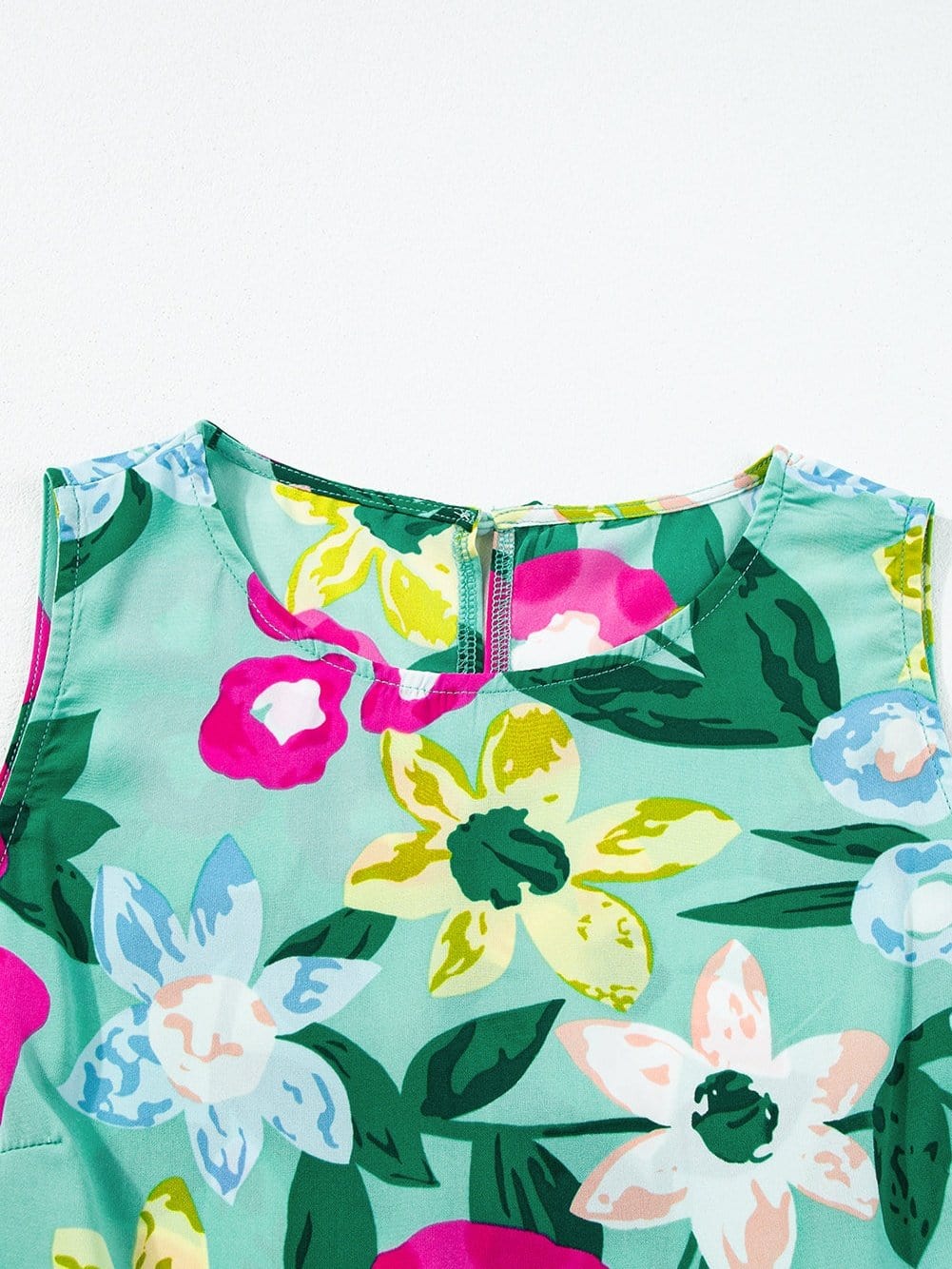 Green Floral Ruched Mini Dress with Sleeveless Design