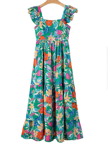 Green Floral Ruffle Maxi Dress with Flowy Shoulder Strap