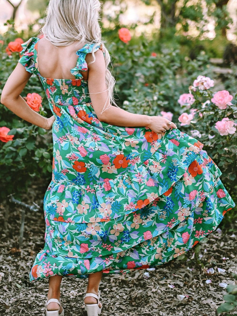Green Floral Ruffle Maxi Dress with Flowy Shoulder Strap