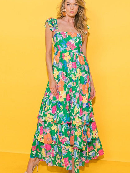 Green Floral Ruffle Maxi Dress with Flowy Shoulder Strap