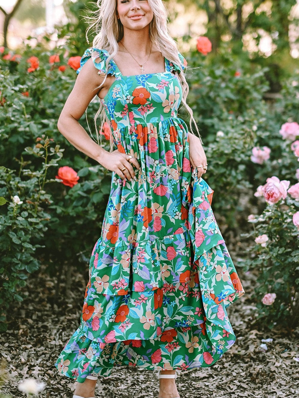 Green Floral Ruffle Maxi Dress with Flowy Shoulder Strap