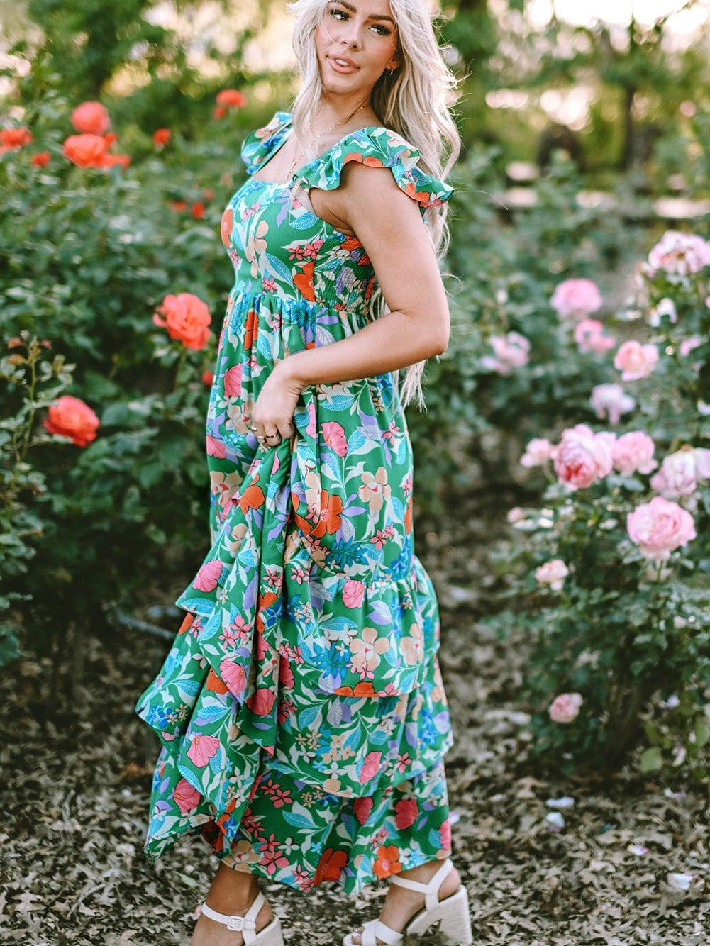 Green Floral Ruffle Maxi Dress with Flowy Shoulder Strap