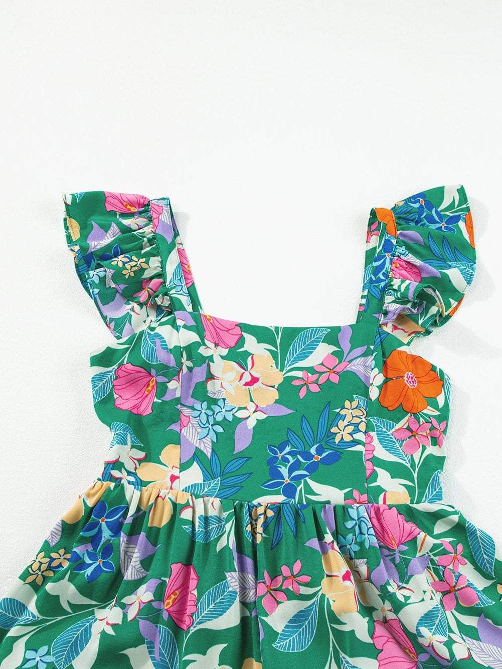 Green Floral Ruffle Maxi Dress with Flowy Shoulder Strap