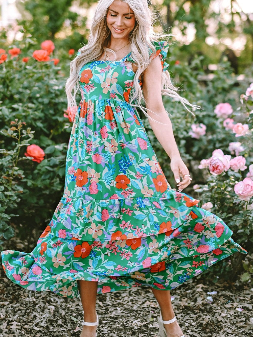 Green Floral Ruffle Maxi Dress with Flowy Shoulder Strap