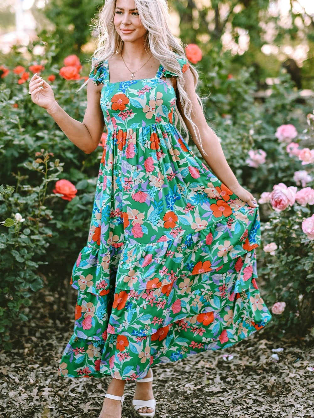 Green Floral Ruffle Maxi Dress with Flowy Shoulder Strap