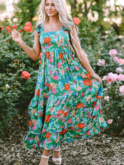 Green Floral Ruffle Maxi Dress with Flowy Shoulder Strap
