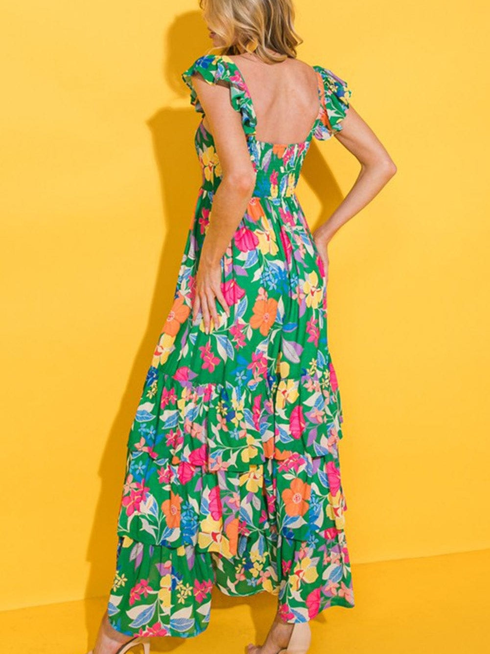 Green Floral Ruffle Maxi Dress with Flowy Shoulder Strap