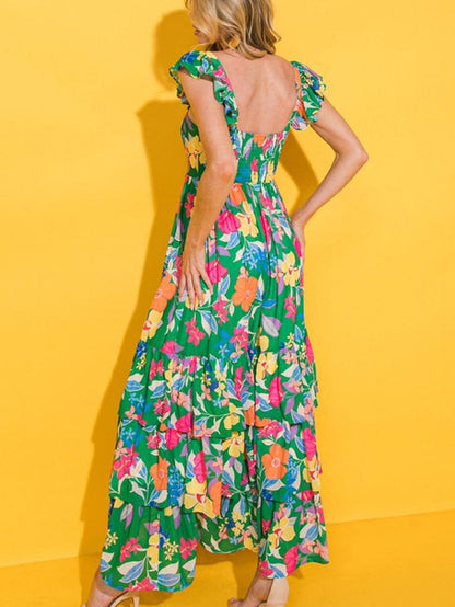 Green Floral Ruffle Maxi Dress with Flowy Shoulder Strap