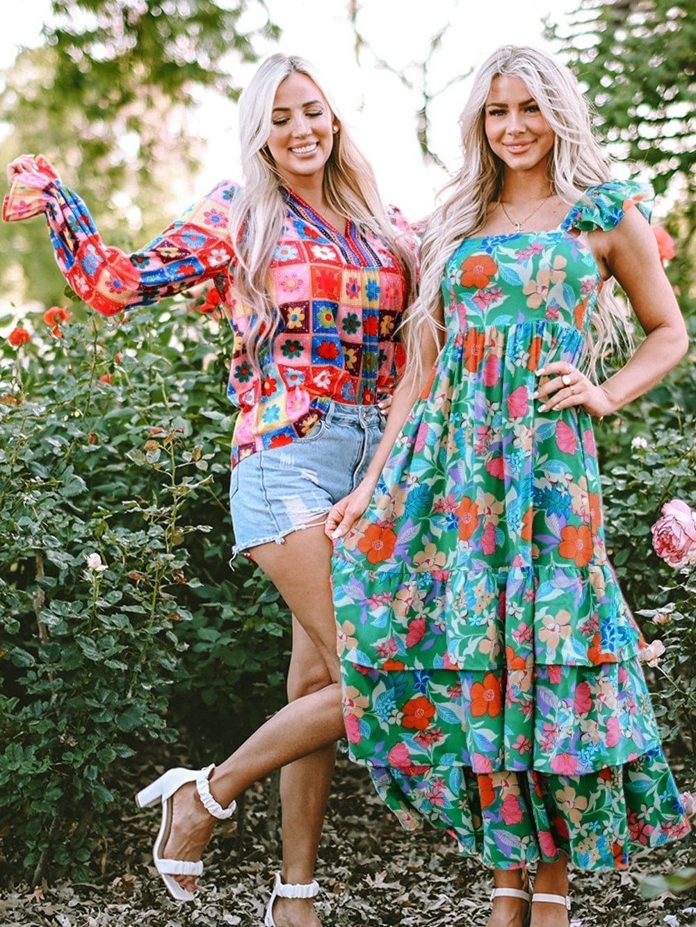 Green Floral Ruffle Maxi Dress with Flowy Shoulder Strap