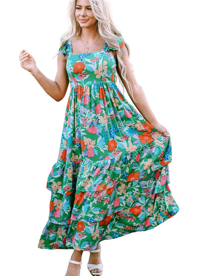 Green Floral Ruffle Maxi Dress with Flowy Shoulder Strap