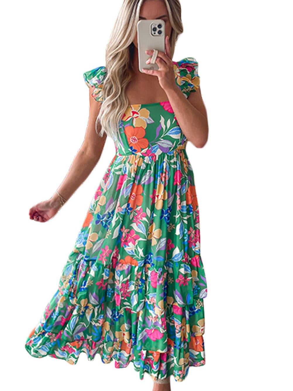 Green Floral Ruffle Maxi Dress with Flowy Shoulder Strap