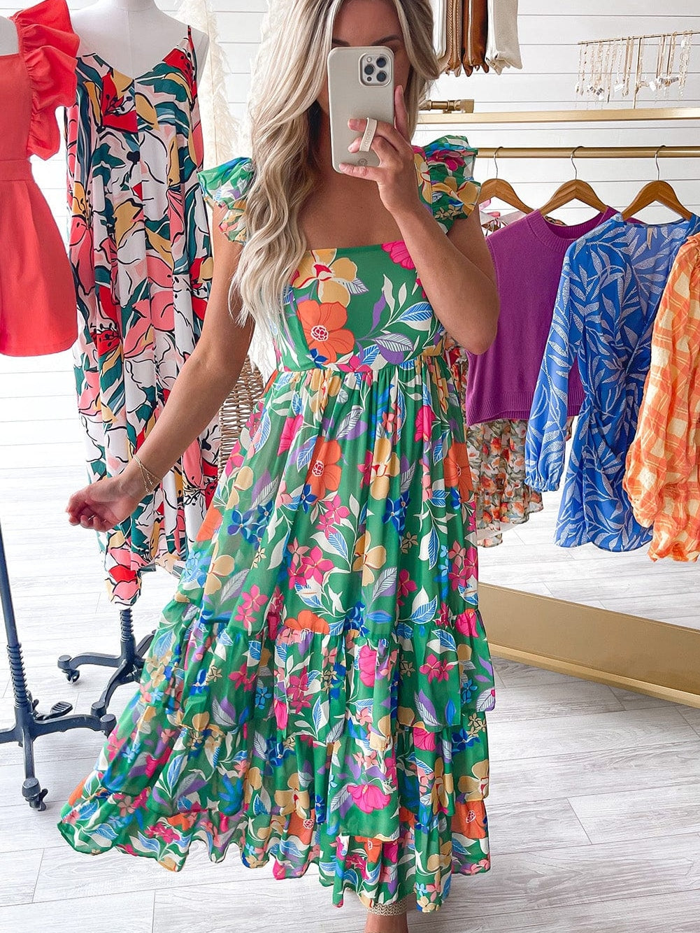 Green Floral Ruffle Maxi Dress with Flowy Shoulder Strap