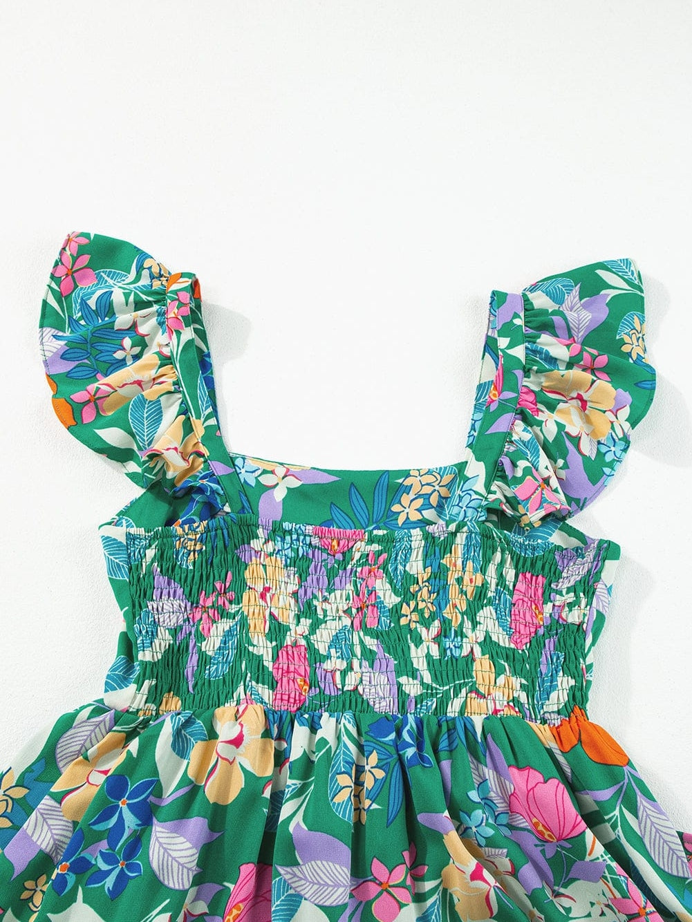 Green Floral Ruffle Maxi Dress with Flowy Shoulder Strap