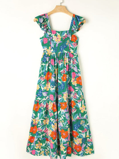 Green Floral Ruffle Maxi Dress with Flowy Shoulder Strap