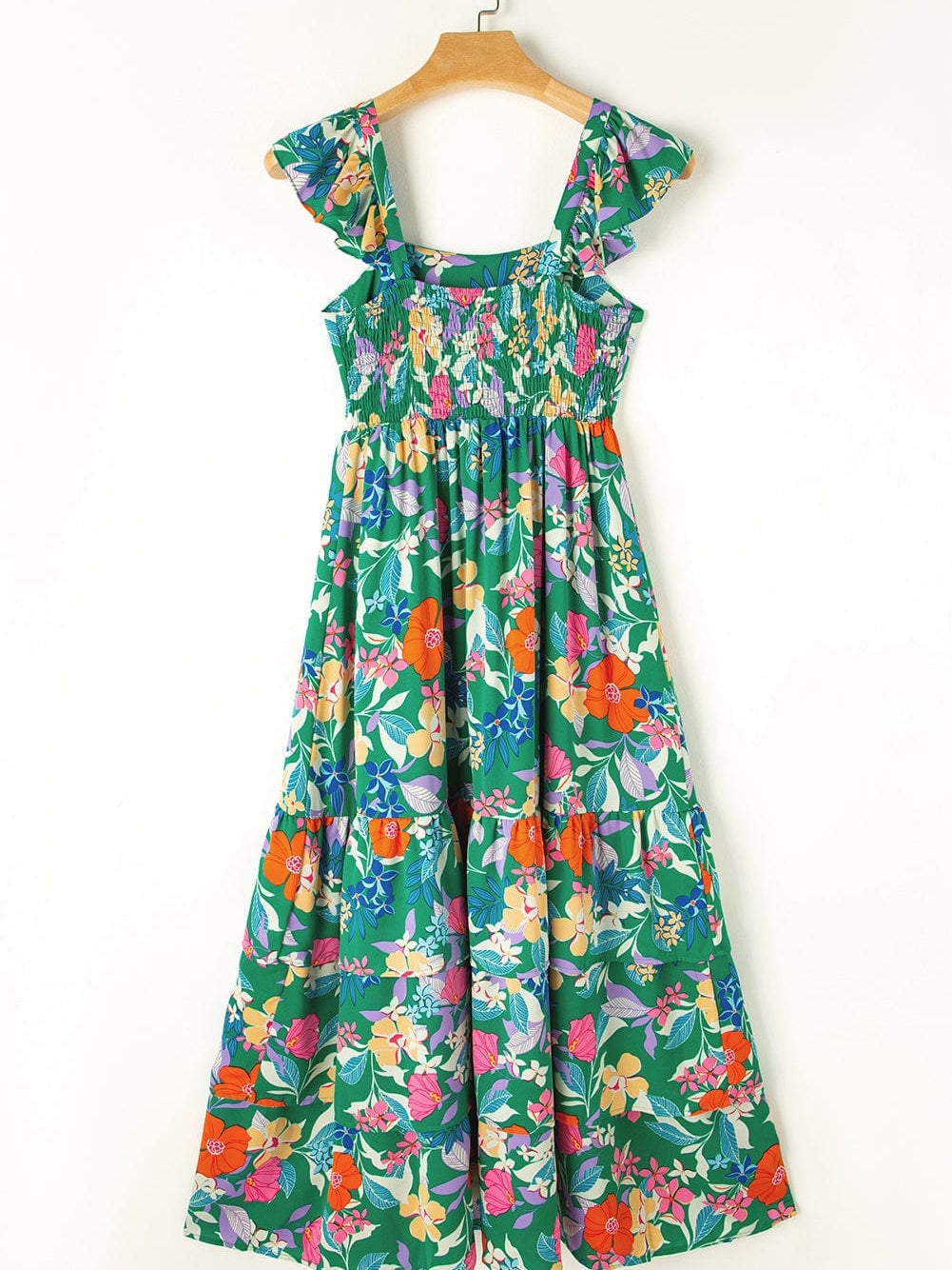 Green Floral Ruffle Maxi Dress with Flowy Shoulder Strap