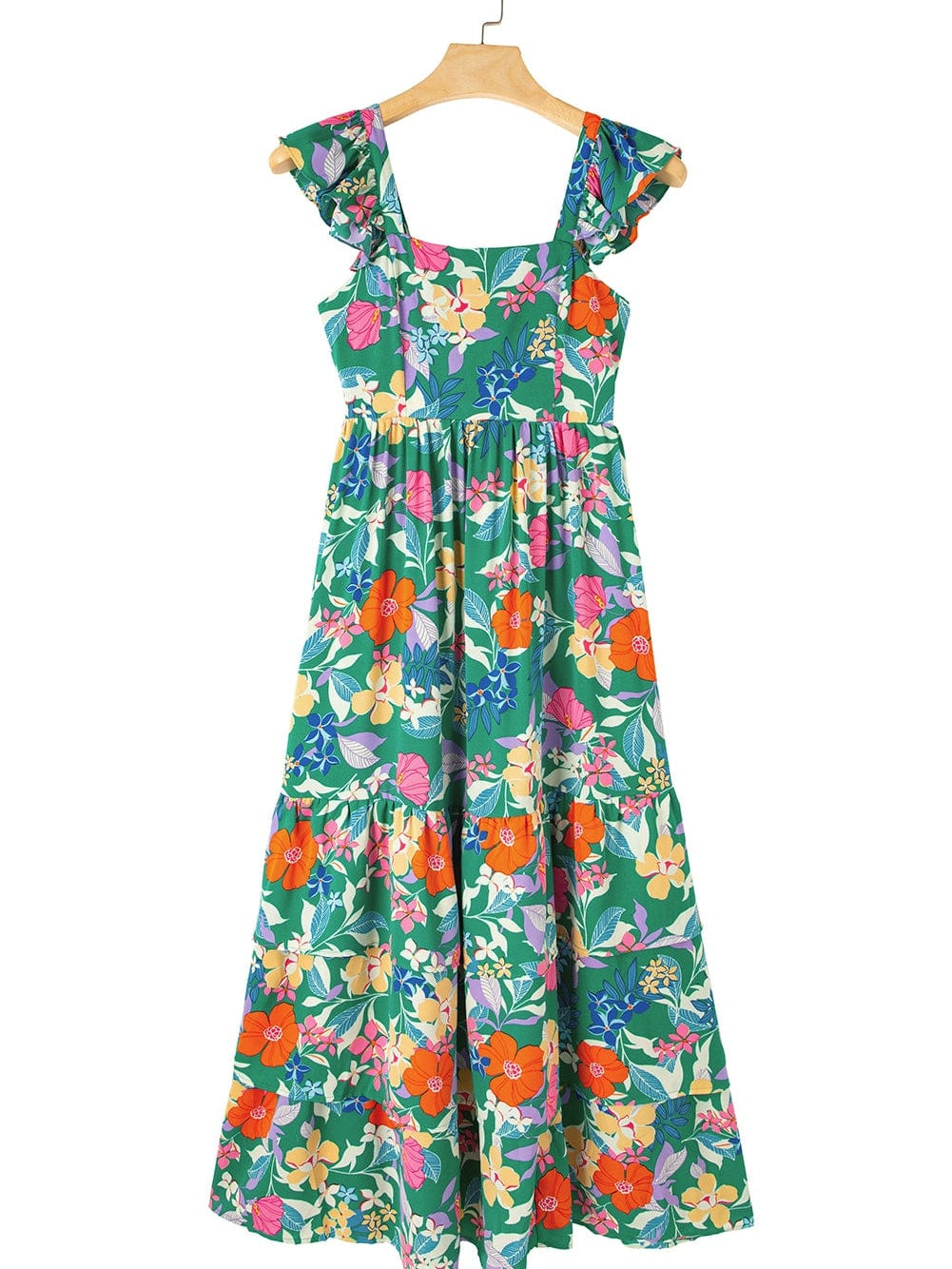 Green Floral Ruffle Maxi Dress with Flowy Shoulder Strap
