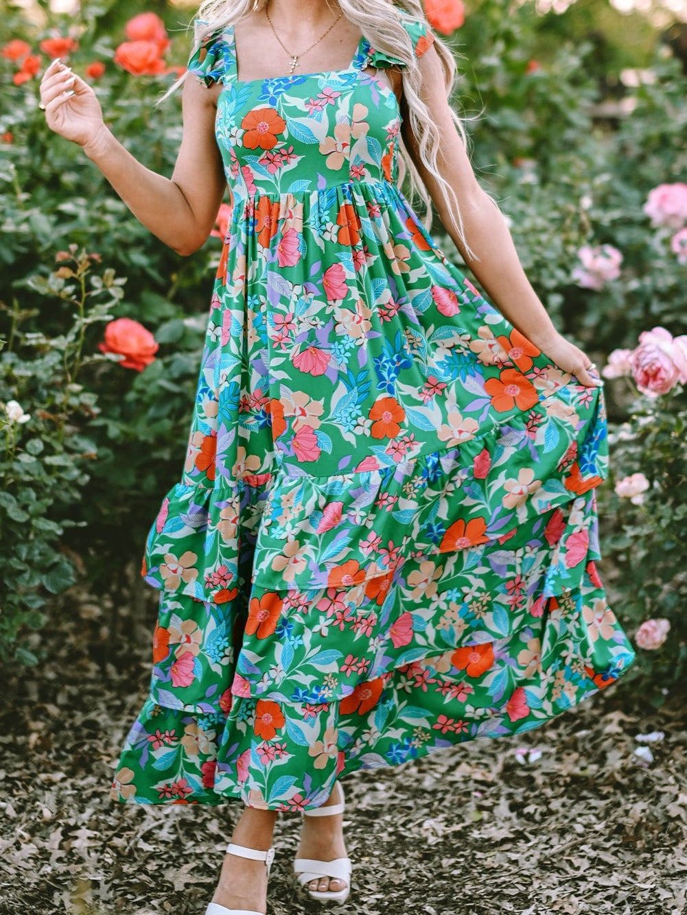 Green Floral Ruffle Maxi Dress with Flowy Shoulder Strap
