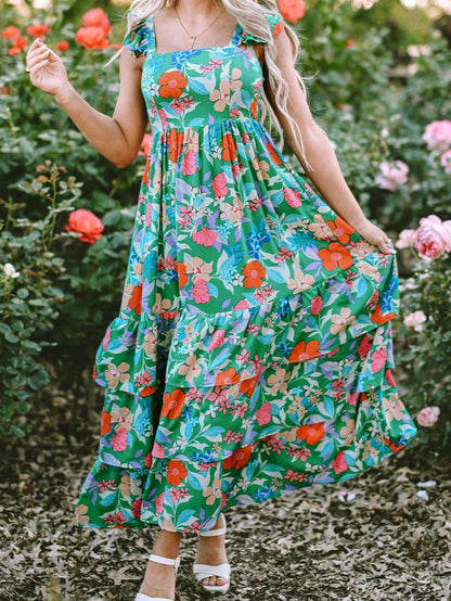 Green Floral Ruffle Maxi Dress with Flowy Shoulder Strap