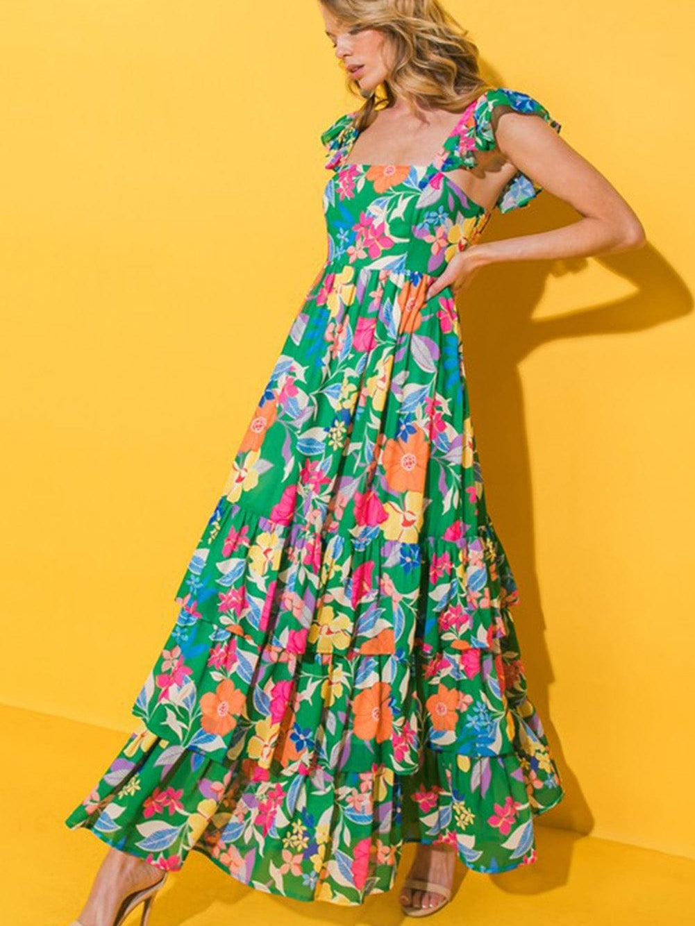 Green Floral Ruffle Maxi Dress with Flowy Shoulder Strap